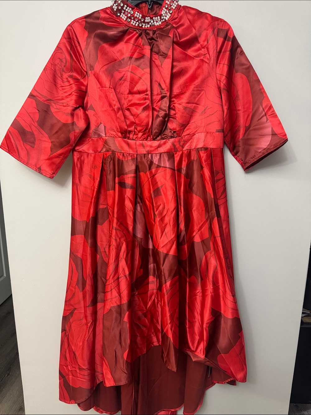 Red High-Low Floral Satin Dress - Unbranded